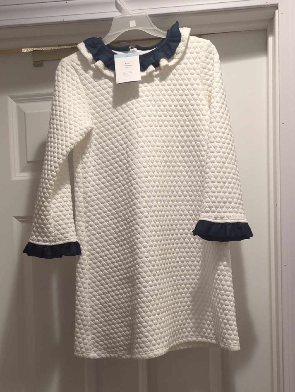 bella bliss Cream Quilted Dress with Navy Ruffle Trim